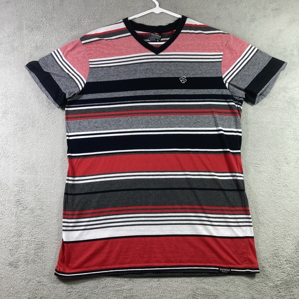 Southpole Shirt Adult XL Striped V Neck Pullover Short Sleeve Colorful Tee READ